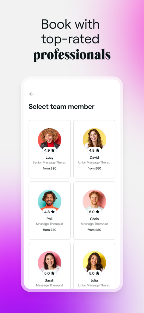 Interface of the Fresha app showing a list of top-rated massage therapists with their profile photos ratings and service prices