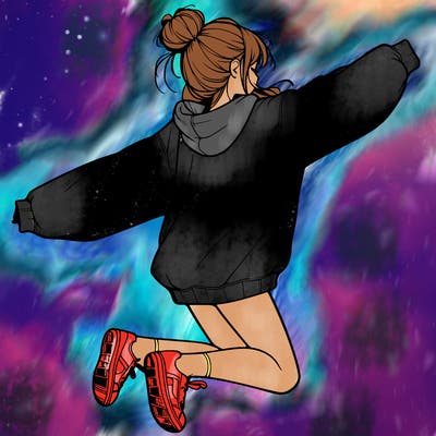 realistic girl jumping with a bun and oversized sweatshirt