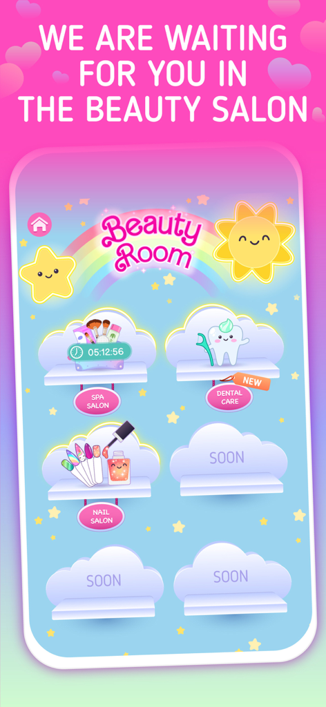 Chibi Doll Maker Dress Up Game - Beauty Room menu in Glamora game with options for spa dental care and nail salon