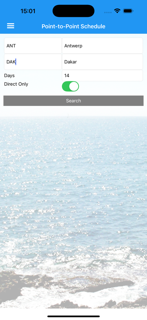 Grimaldi Cargo Mobile - Grimaldi Cargo Mobile app search screen for point-to-point shipping schedules from Antwerp to Dakar