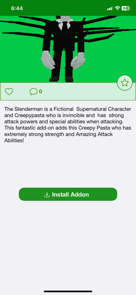 Addons, Skinseed For Minecraft - Slenderman addon description and install button in Minecraft app
