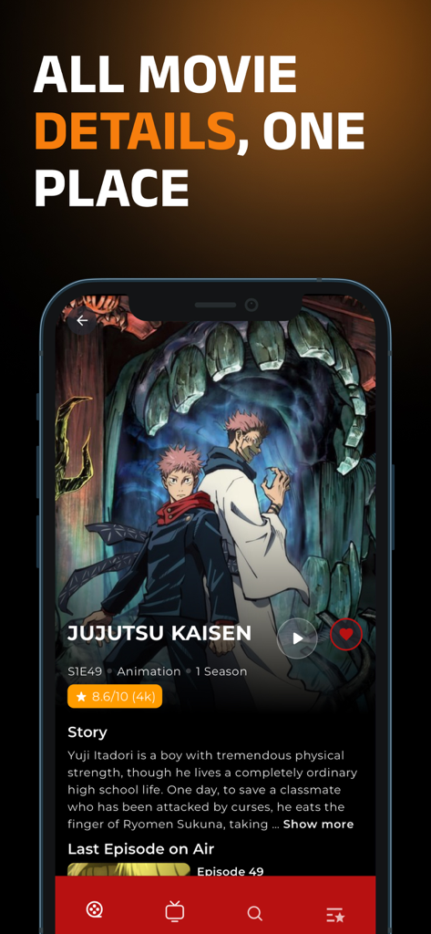 Interface of KissKh app showing detailed information for Jujutsu Kaisen including synopsis and rating