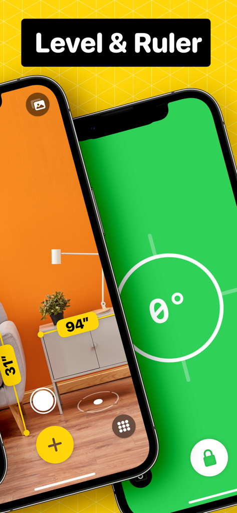 Measuring Tape +ㅤ - Smartphone-Bildschirme, die digitale Wasserwaage und AR-Lineal-Werkzeuge zum Messen von Möbeln und Oberflächen zeigen