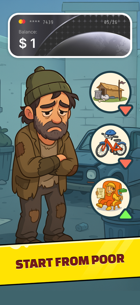 Business Empire: RichMan - Um personagem de desenho animado começando da pobreza com um saldo de um dólar em Business Empire RichMan