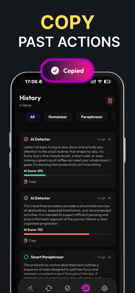 Clever AI Humanizer - HumanGPT - Un registro de historial en la aplicación Clever AI Humanizer que muestra puntuaciones de detección de IA anteriores y resultados de paráfrasis con una notificación de copia.