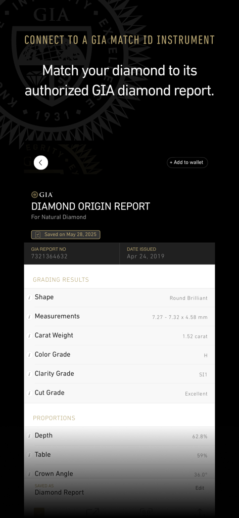 GIA - Screenshot of the GIA app showing a detailed diamond origin report with grading results and proportions