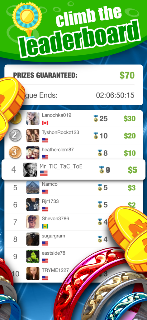 A mobile game leaderboard displaying player rankings with guaranteed cash prizes and skill badges