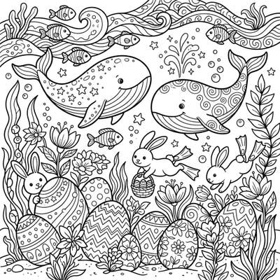 Explore a whimsical underwater world where majestic whales join an adorable Easter celebration. This delightful coloring page features playful bunnies, beautifully decorated eggs, and intricate marine flora, perfect for all ages to enjoy.