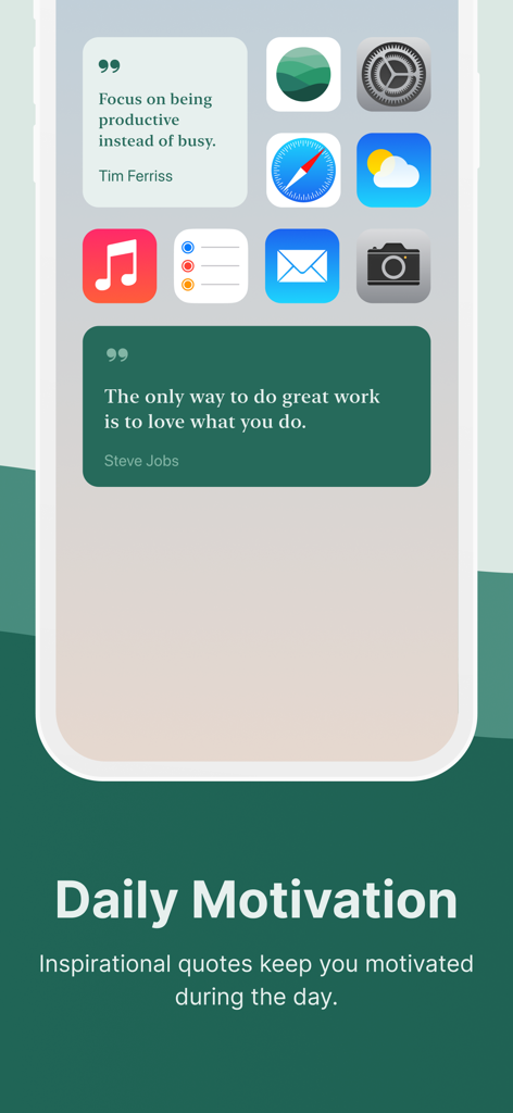 Flow: Focus & Pomodoro Timer - Pantalla de inicio del iPhone mostrando widgets minimalistas de motivación diaria con citas inspiradoras para la productividad