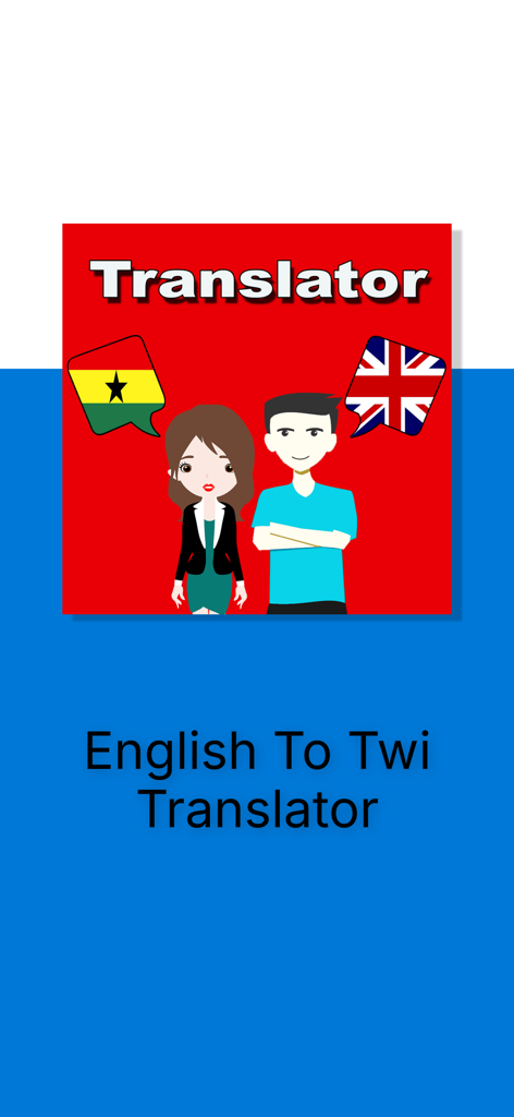 English To Twi Translator - Pantalla de inicio de la aplicación Traductor de Inglés a Twi con personajes de dibujos animados y banderas de Ghana y Reino Unido