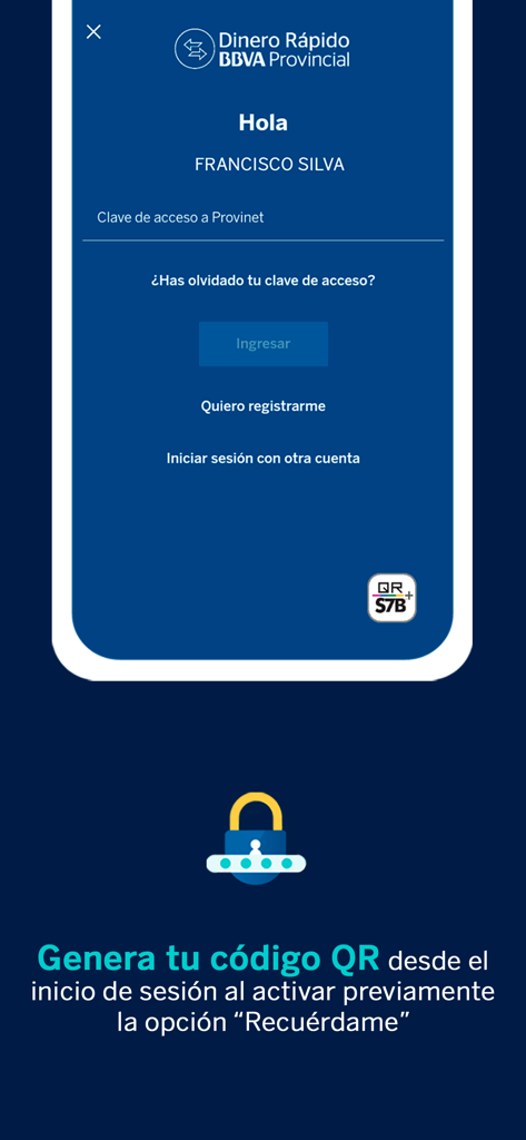 BBVA Provincial Dinero Rápido - Interfaz de inicio de sesión para la aplicación móvil BBVA Provincial Dinero Rápido que muestra instrucciones de código QR.