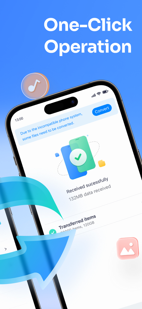 Data Transfer - MobileTrans - Interfaz de la aplicación MobileTrans que muestra una transferencia de datos exitosa entre smartphones con un titular de operación de un clic.