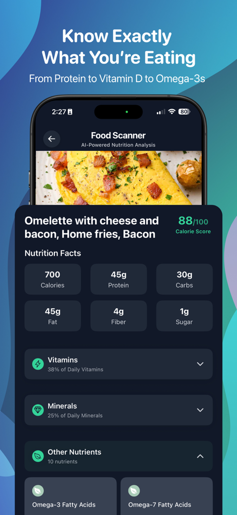 NutriCam app interface showing AI food scanner results with detailed nutrition facts for an omelette meal
