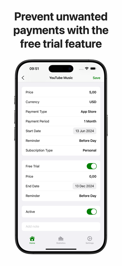 TrackMySub: Track Subscription - TrackMySub app interface showing subscription details for YouTube Music with a free trial reminder toggle enabled.