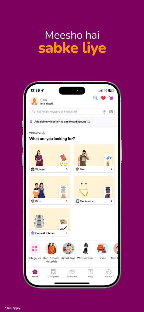 The Meesho mobile app home screen showing product categories for women, men, kids, and home essentials.