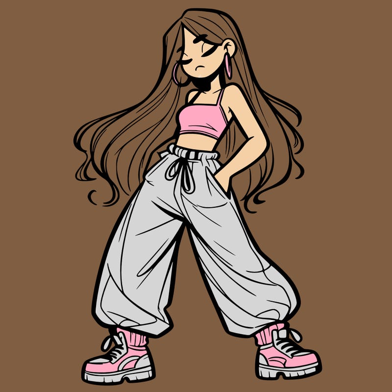 girl in baggy pants crop top and long hair