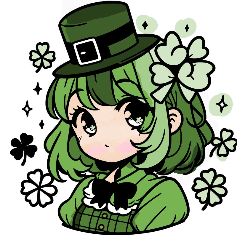 a manga-style girl with clovers around her, a little hat in her hair, like it's saint patrick's day