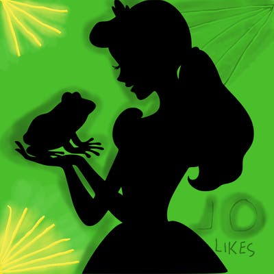 a shadow of a princess holding a frog realistic