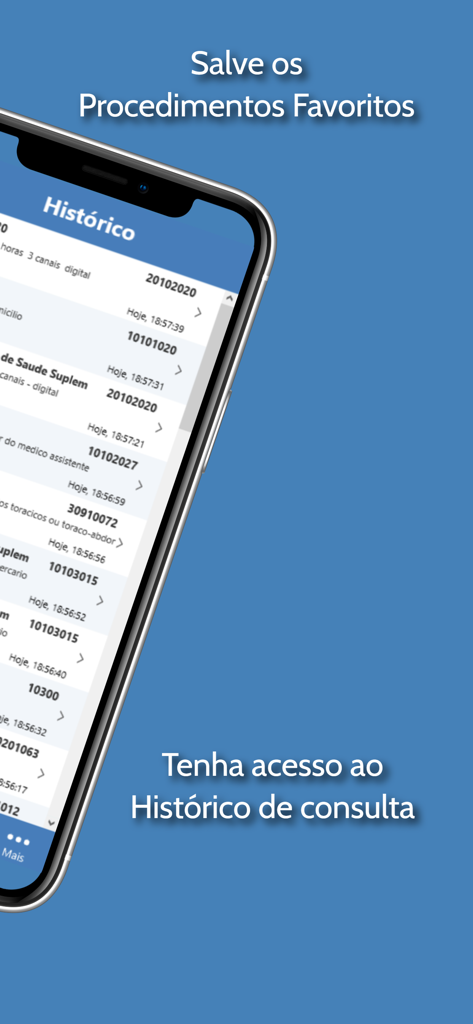PMED - Preço Médico TUSS CBHPM - Smartphone exibindo o histórico de consultas do aplicativo PMED para procedimentos médicos
