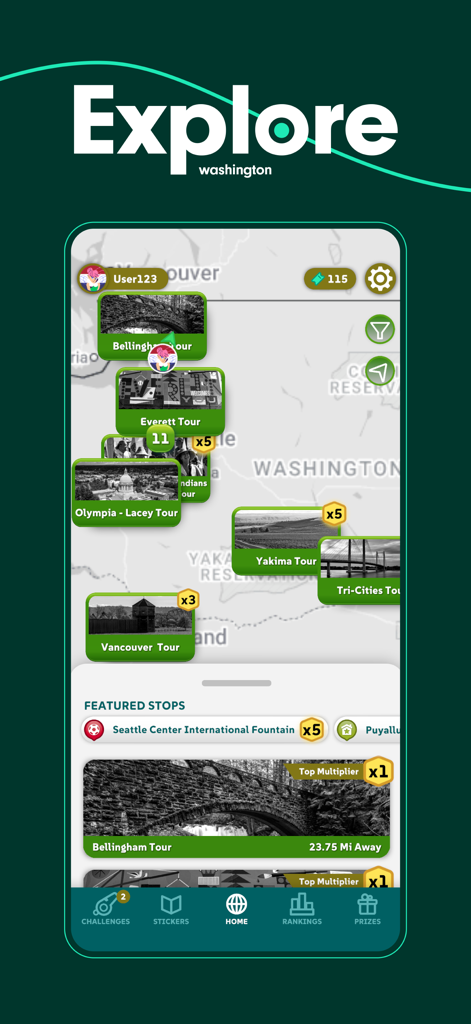 Eine Karte des Bundesstaates Washington innerhalb der SEA&WIN-App, die verschiedene Stadttouren und vorgestellte Stopps für eine Preissuche zeigt.