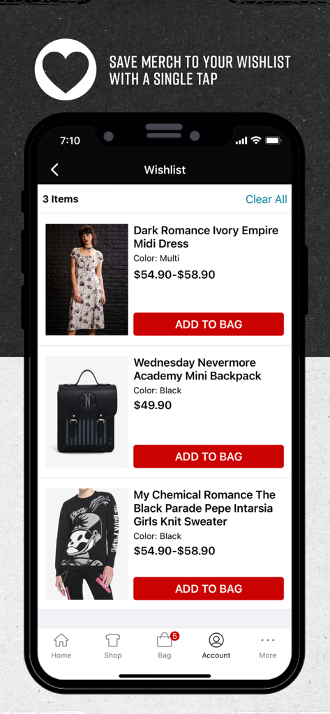 Hot Topic: Pop Culture Fashion - Hot Topic app wishlist page showing saved items like a Wednesday mini backpack and My Chemical Romance sweater