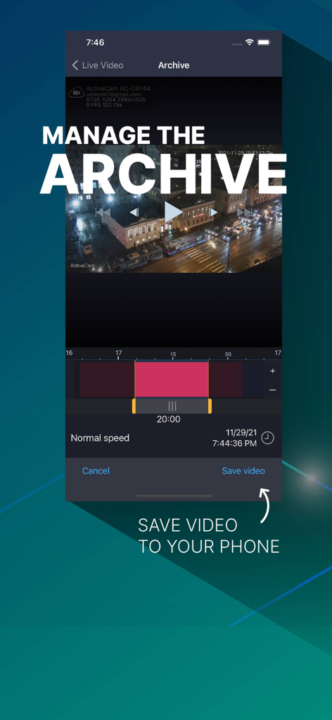 Video Surveillance TRASSIR - TRASSIR app interface for managing video archives and saving footage to a smartphone