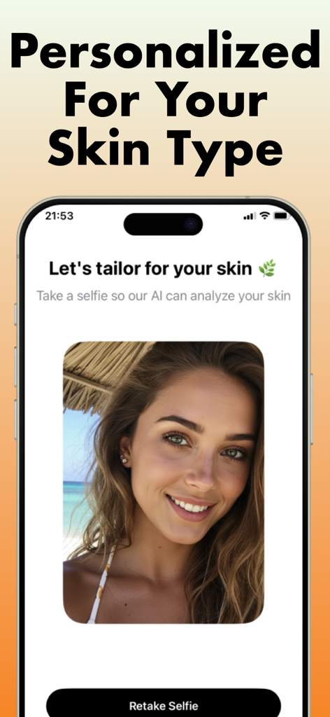 SPF AI: Sunglow & Tanning - SPF AI app screen showing personalized skin type analysis using a selfie