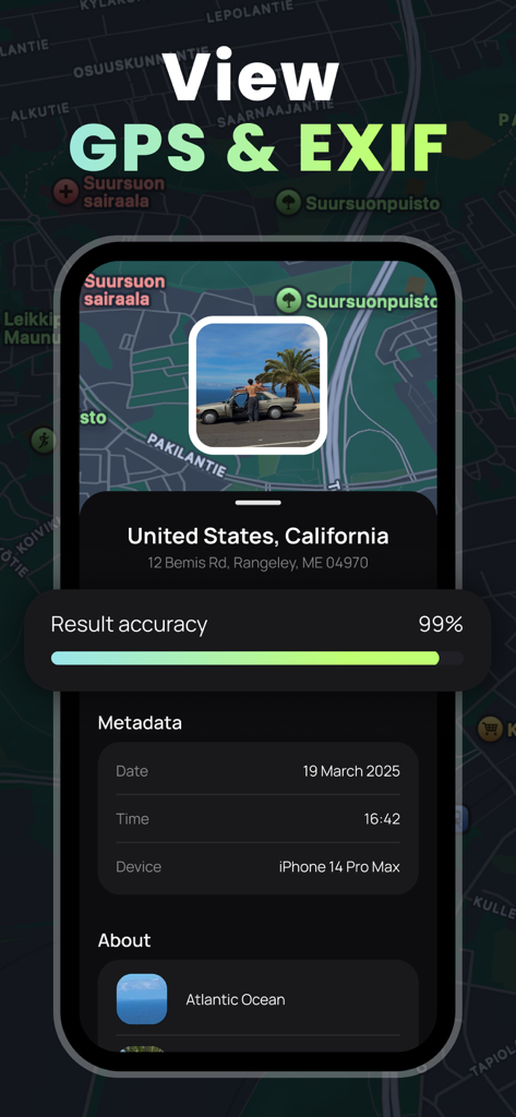 Pinzy: Photo Location Finder - Pinzy app interface showing photo location and EXIF metadata details
