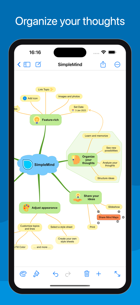 SimpleMind Pro - Mind Mapping - A colorful mind map on an iPhone screen within the SimpleMind Pro app interface displaying various brainstormed ideas and features.
