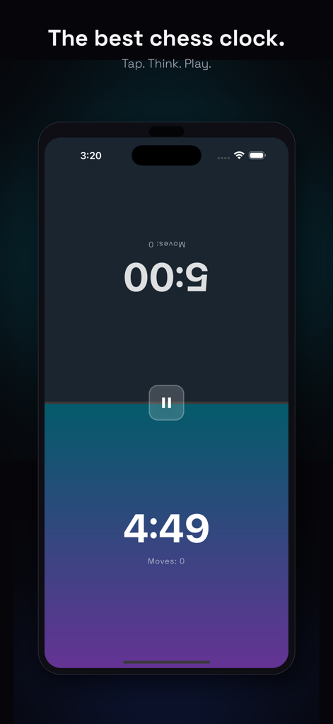 Chess Clock Premium - Interfaz de aplicación de reloj de ajedrez digital que muestra los temporizadores de dos jugadores y un contador de movimientos