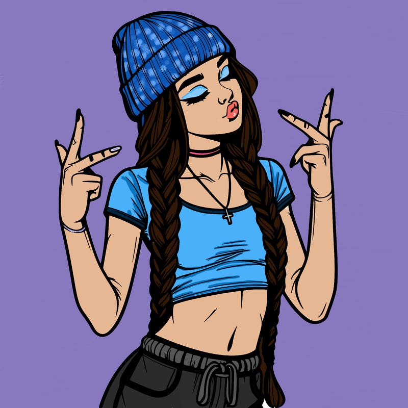 realistic teenage girl with braids and a beanie and crop top doing 🫶🏼
