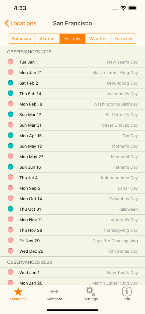 ZoneTrekker - World Clock - A list of public holidays and observances for San Francisco displayed in the ZoneTrekker app.