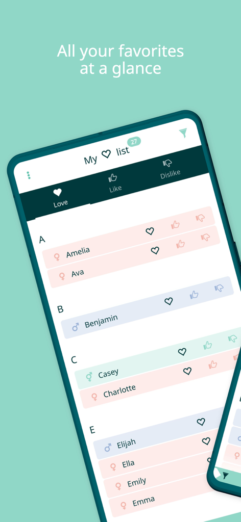 CharliesNames - A list of favorite baby names grouped alphabetically in the CharliesNames app