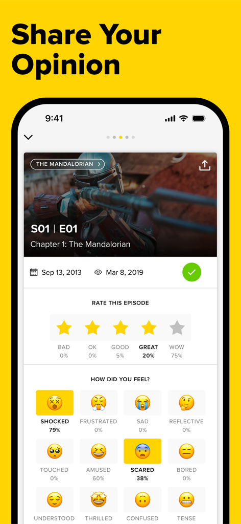 TV Time: Track Shows & Movies - Interface of the TV Time app where users can rate an episode and select emoji reactions