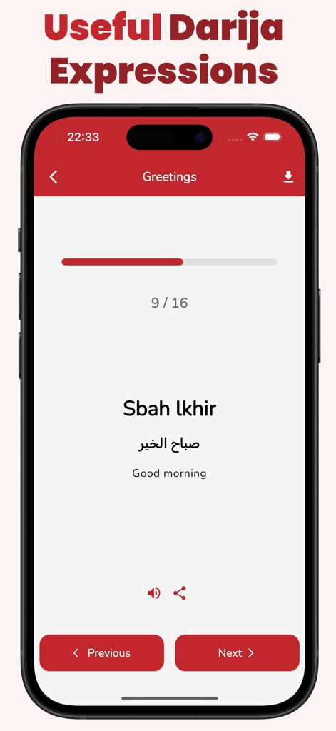 GoDarija Learn Moroccan Arabic - GoDarija app screen showing the Moroccan Arabic greeting for Good morning with audio and pronunciation options