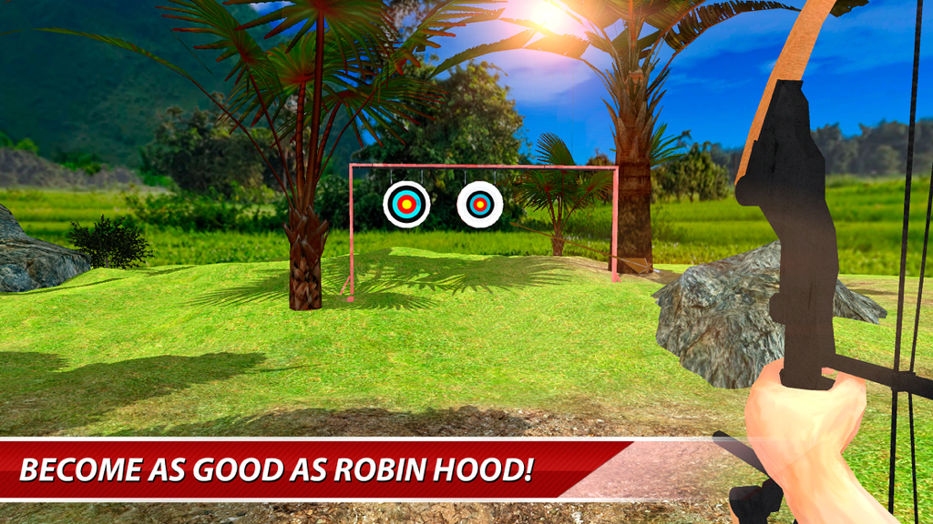 First-person perspective of aiming a bow and arrow at targets in a 3D archery simulation game