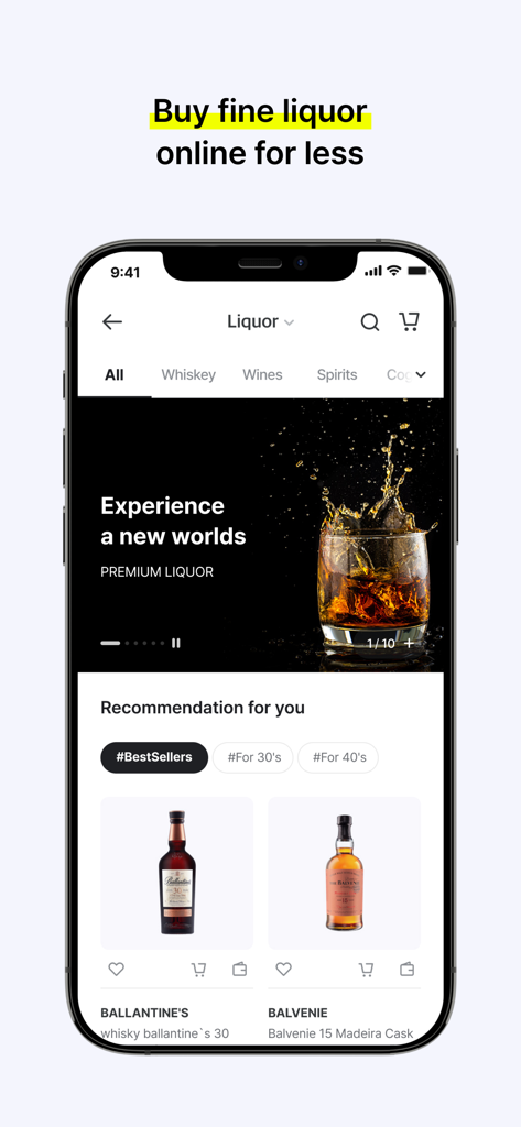 Shinsegae Duty Free app interface showing premium whiskey and liquor selection for online shopping