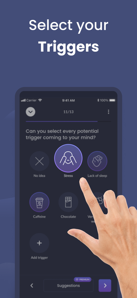 Migraine Buddy: Track Headache - Interfaz de la aplicación Migraine Buddy que muestra a un usuario seleccionando desencadenantes de dolor de cabeza como estrés y cafeína