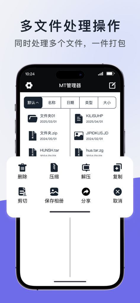 MT Manager interface displaying batch file processing options including compression and decompression on iPhone.