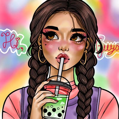realistic girl with braided hair drinking boba