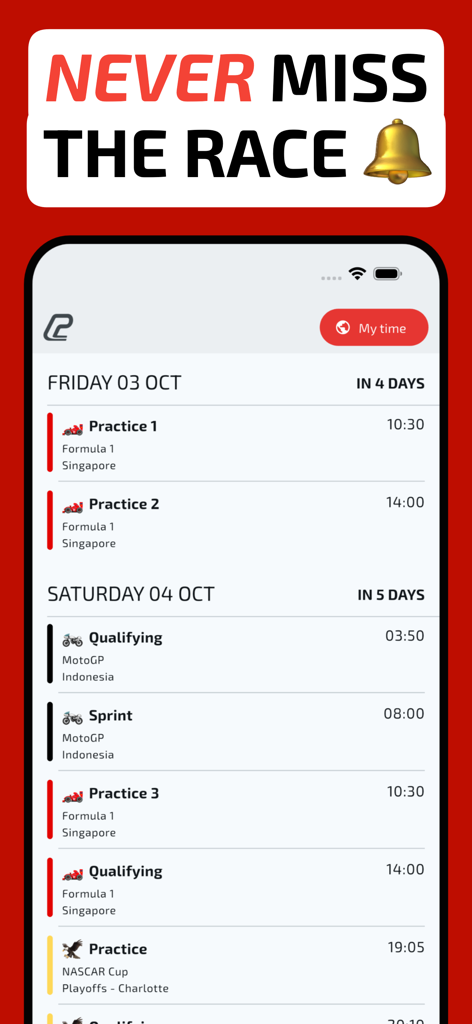 Captura de pantalla de la aplicación Motorsport Calendar que muestra un horario consolidado de sesiones de carreras de F1, MotoGP y NASCAR