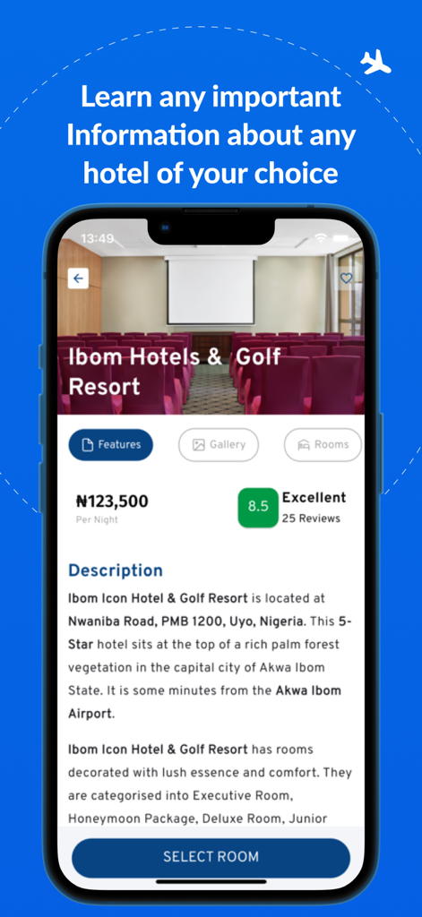 나이지리아 우요의 이봄 호텔 및 골프 리조트에 대한 자세한 정보 및 가격을 표시하는 Hotels.ng 앱 인터페이스
