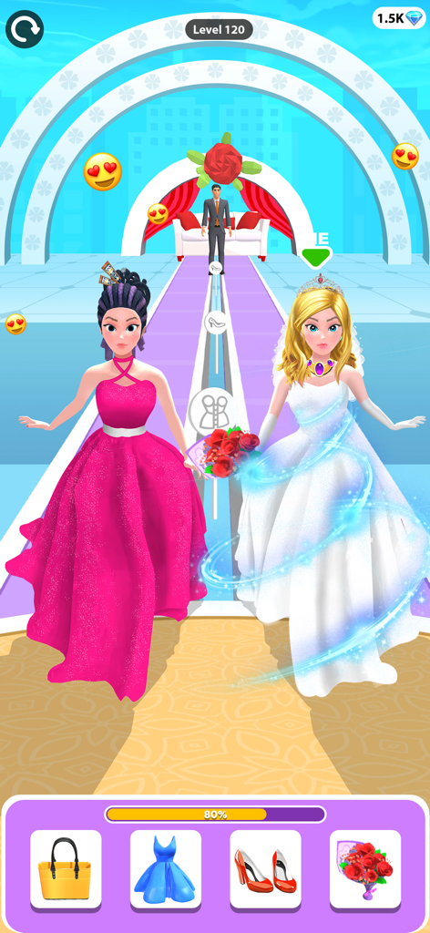 Bride Race & Outfit Makeover - モバイルランナーゲームで、新郎に向かってレースをするウェディングドレスを着た2人の花嫁