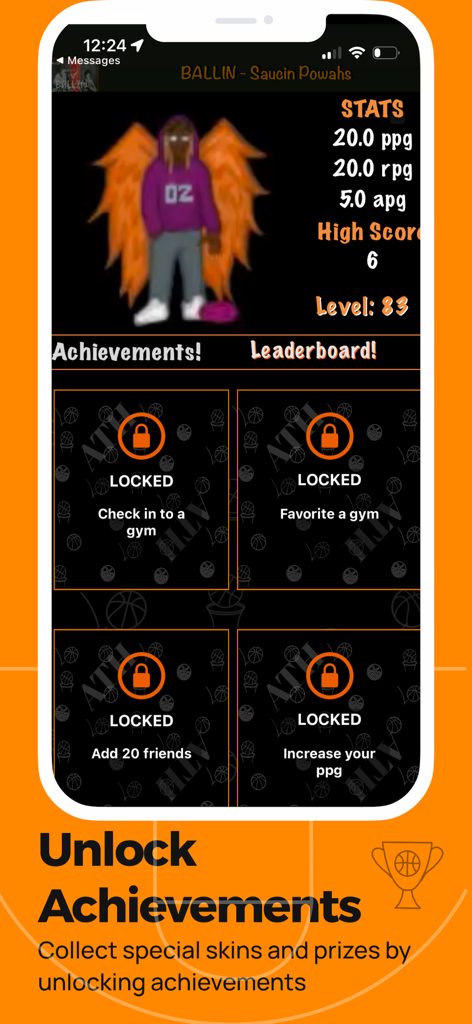 ATH - Pickup Basketball App - Screenshot of the achievements screen in the ATH app showing player stats and locked rewards