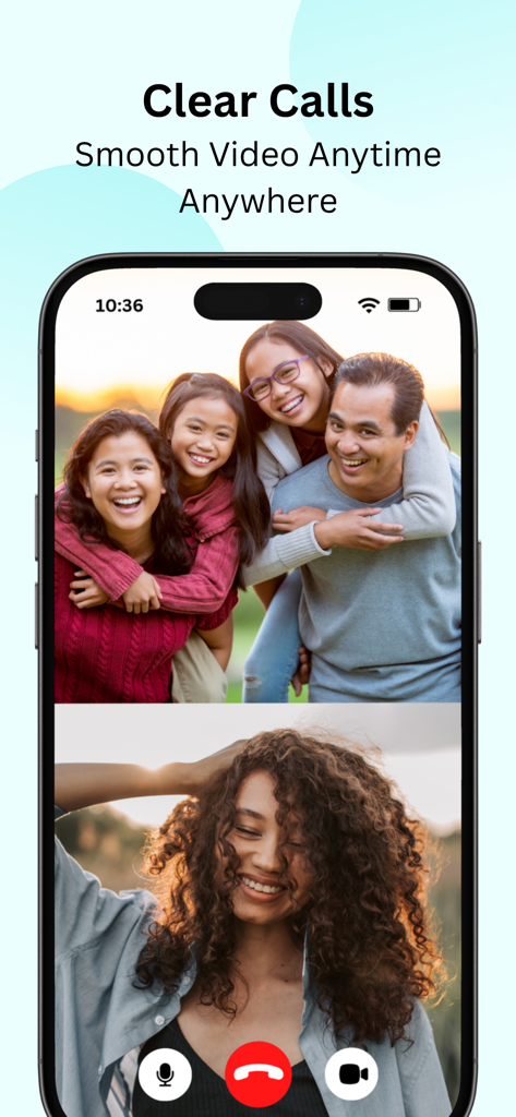 Chimi chat - A smartphone screen showing a clear video call on the Chimi Chat app with a split screen view of a woman and a happy family