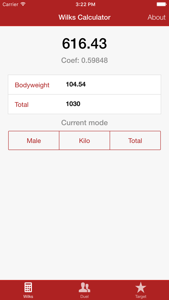 Wilks Calculator Powerlifting - The Wilks Calculator app displaying a calculated score based on bodyweight and total weight lifted.
