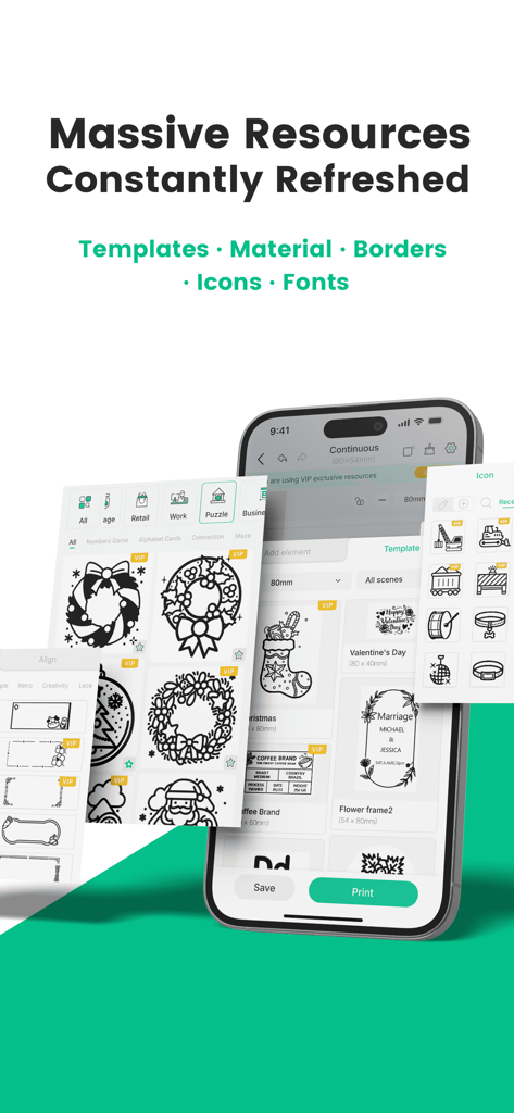 Nelko label printing app interface showcasing various design templates and creative icons