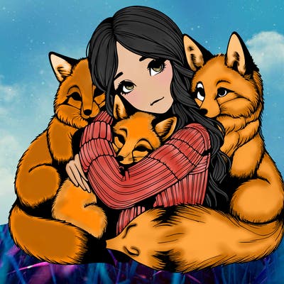 realistic, looking girl hugging, foxes