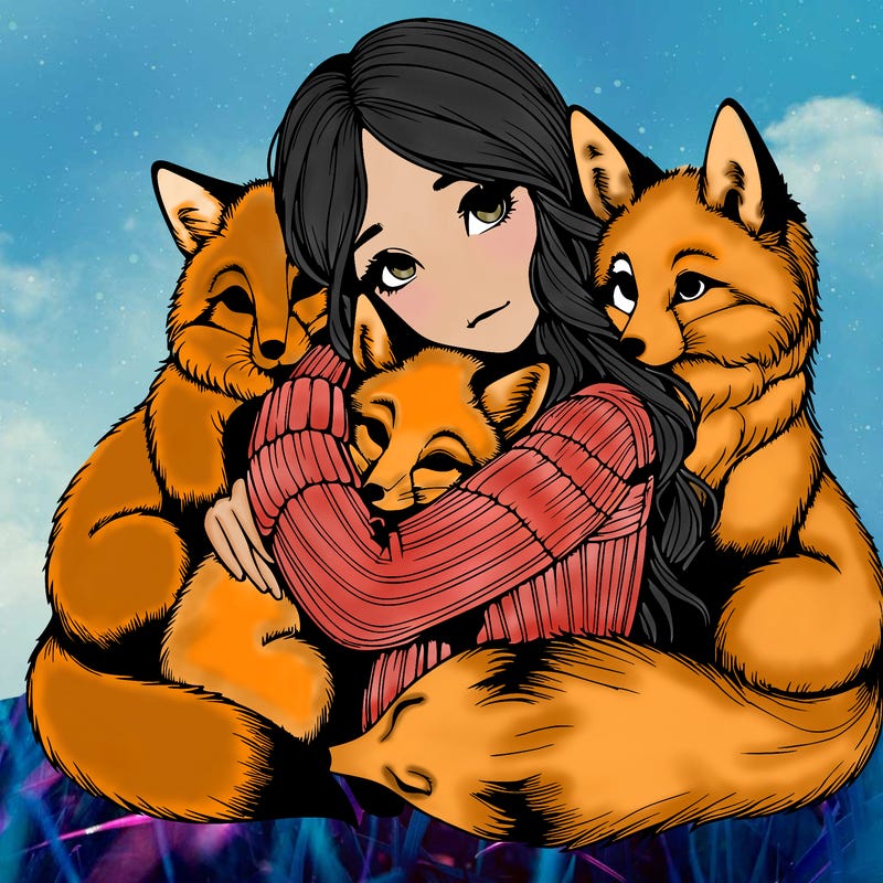 realistic, looking girl hugging, foxes