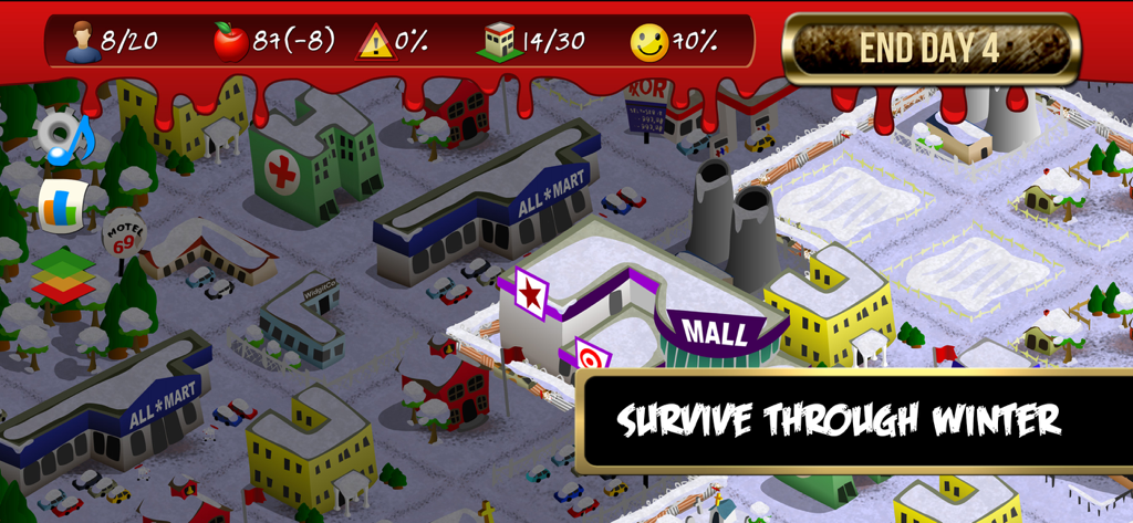 Rebuild - A snowy city map in the Rebuild game with a text overlay saying Survive Through Winter